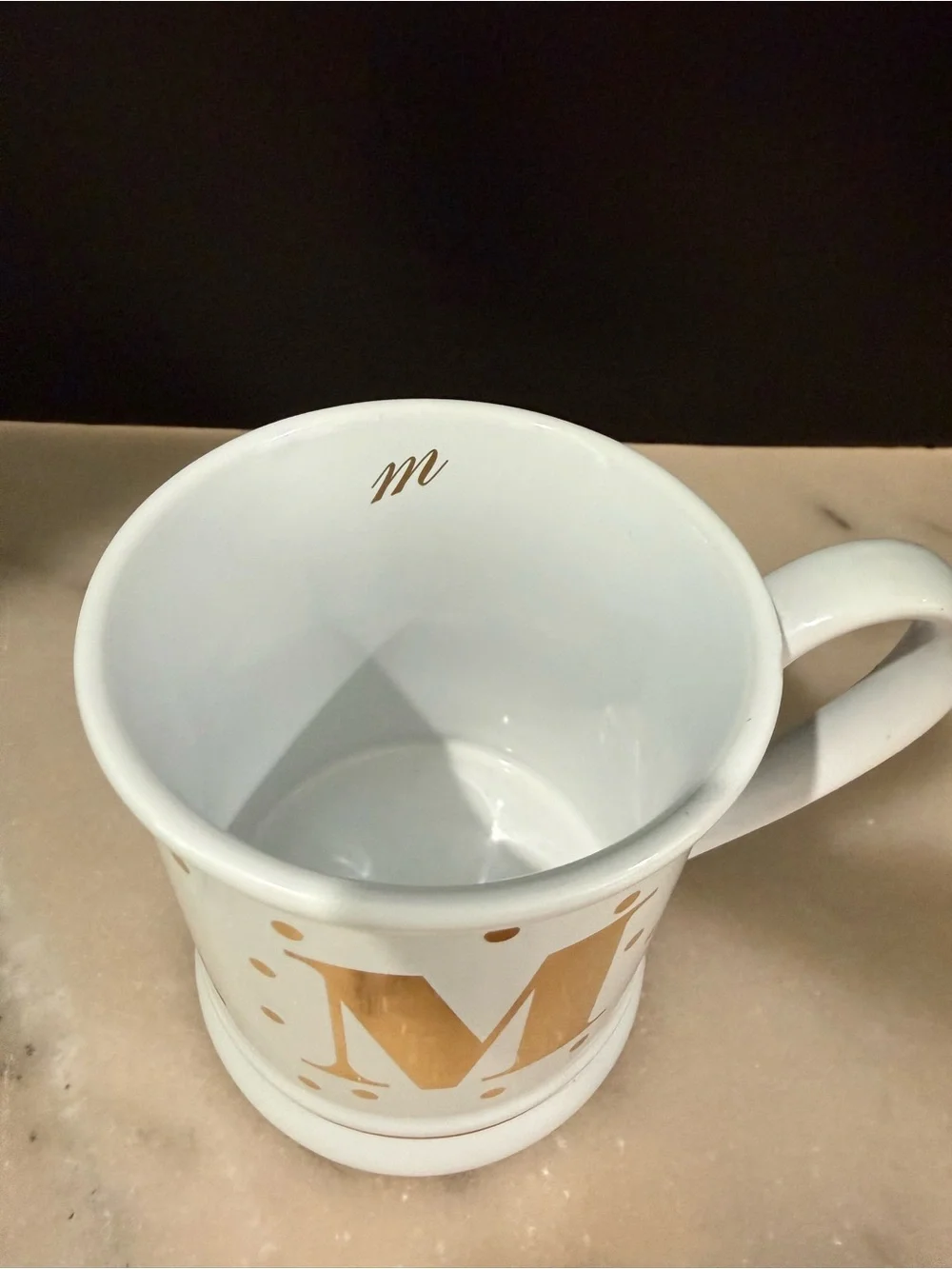 Pier 1 Imports Coffee Mug Tea Cup Personalized “E” White Mug W/Gold Polka Dots